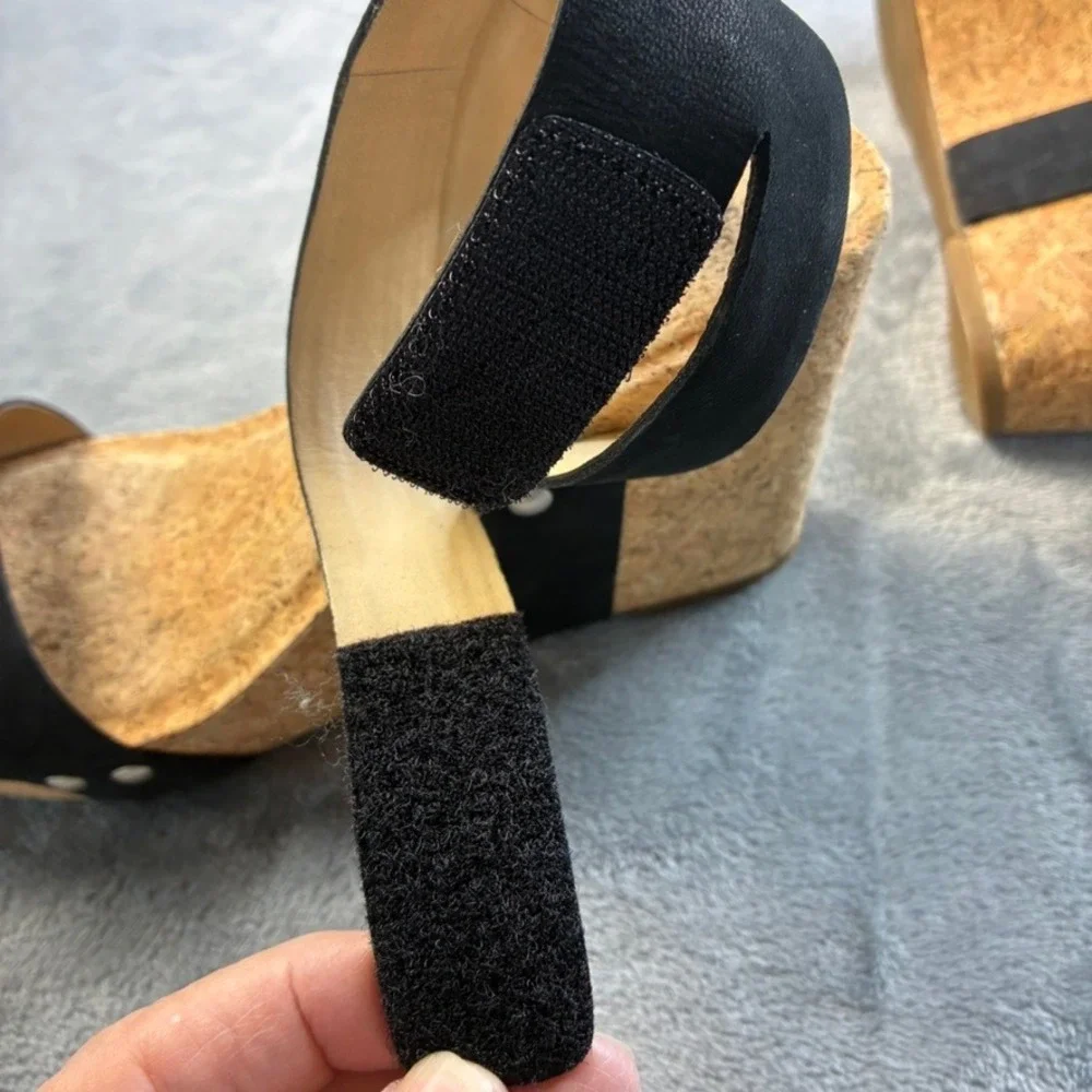 Lucky Brand McDowell Black Leather Cork Wedge Heel Sandals Womens 8M LK-MCDOWELL